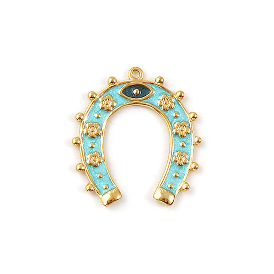 Immagine di 1 Pz Placcatura Sottovuoto PVD Ecologica 304 Acciaio Inossidabile Cowboy dell'Ovest Ciondoli Pendenti 18K Vero Oro Placcato Menta Verde Smalto Ferro di Cavallo Brillio 3.5cm x 3.2cm