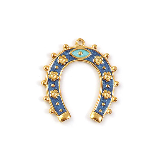 Immagine di 1 Pz Placcatura Sottovuoto PVD Ecologica 304 Acciaio Inossidabile Cowboy dell'Ovest Ciondoli Pendenti 18K Vero Oro Placcato Blu Scuro Smalto Ferro di Cavallo Brillio 3.5cm x 3.2cm