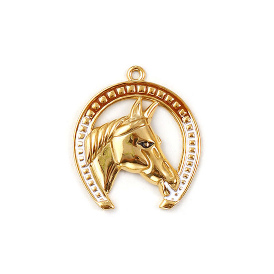 Immagine di 1 Pz Placcatura Sottovuoto PVD Ecologica 304 Acciaio Inossidabile Cowboy dell'Ovest Ciondoli Pendenti 18K Vero Oro Placcato Bianco Smalto Ferro di Cavallo Cavallo 3.6cm x 3.2cm