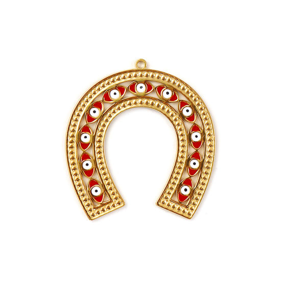 Immagine di 1 Pz Placcatura Sottovuoto PVD Ecologica 304 Acciaio Inossidabile Religione Ciondoli Pendenti 18K Vero Oro Placcato Rosso Smalto Ferro di Cavallo Malocchio Filigrana 5.4cm x 5cm