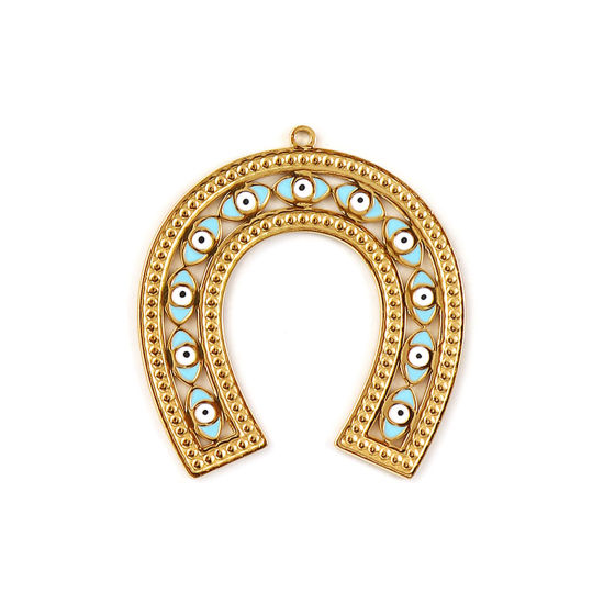 Immagine di 1 Pz Placcatura Sottovuoto PVD Ecologica 304 Acciaio Inossidabile Religione Ciondoli Pendenti 18K Vero Oro Placcato Menta Verde Smalto Ferro di Cavallo Malocchio Filigrana 5.4cm x 5cm