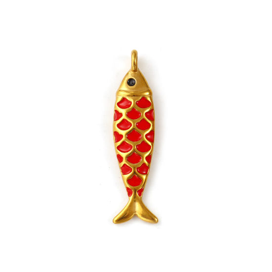 Immagine di 2 Pz Placcatura Sottovuoto PVD Ecologica 304 Acciaio Inossidabile Gioielli Oceanici Ciondoli Pendenti 18K Vero Oro Placcato Rosso Smalto Pesce 3D 4.9cm x 1.3cm