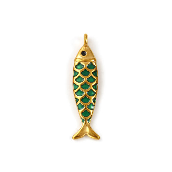 Immagine di 2 Pz Placcatura Sottovuoto PVD Ecologica 304 Acciaio Inossidabile Gioielli Oceanici Ciondoli Pendenti 18K Vero Oro Placcato Verde Smalto Pesce 3D 4.9cm x 1.3cm