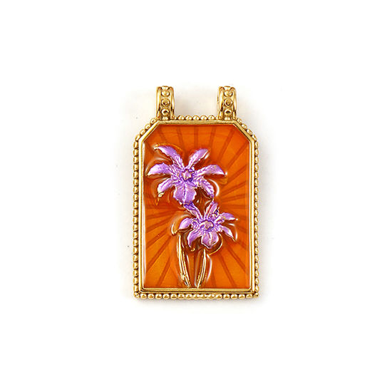 Immagine di 1 Pz Placcatura Sottovuoto PVD Ecologica 304 Acciaio Inossidabile Ciondoli Pendenti 18K Vero Oro Placcato Arancione Smalto Esagono Albero di Cocco 3cm x 1.8cm