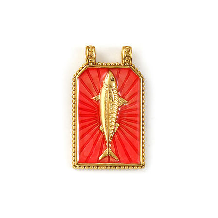 Picture of 1 Piece Eco-friendly PVD Vacuum Plating Waterproof Anti-Tarnish Hypoallergenic 304 Stainless Steel Ocean Jewelry Pendants 18K Real Gold Plated Orange Pink Enamel Hexagon Fish 3.3cm x 1.9cm