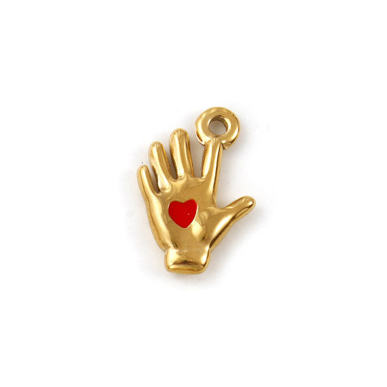 Изображение 1 ШТ Экологичное вакуумное PVD-покрытие 304 Нержавеющая Сталь День святого Валентина Подвески 18K настоящее золото с покрытием Красный С Эмалью Рука Сердце 18мм x 12мм