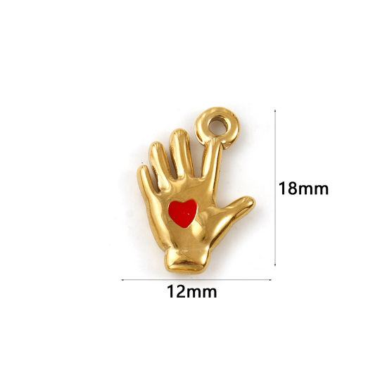 Изображение 1 ШТ Экологичное вакуумное PVD-покрытие 304 Нержавеющая Сталь День святого Валентина Подвески 18K настоящее золото с покрытием Красный С Эмалью Рука Сердце 18мм x 12мм