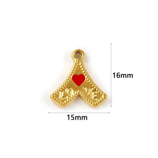 Изображение 1 ШТ Экологичное вакуумное PVD-покрытие 304 Нержавеющая Сталь Подвески 18K настоящее золото с покрытием Красный С Эмалью стрелка Сердце Сообщение " LOVE " 16мм x 15мм