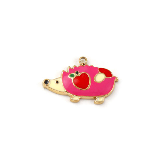 Immagine di 1 Pz Placcatura Sottovuoto PVD Ecologica 304 Acciaio Inossidabile Ciondoli 18K Vero Oro Placcato Rosso Prugna Smalto Riccio Mela 21mm x 13.5mm