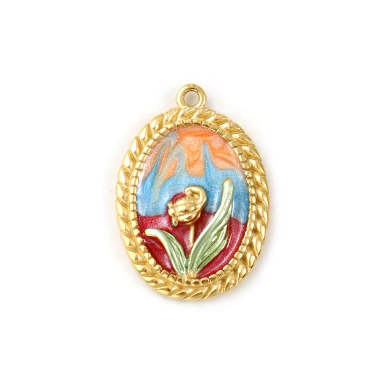 Immagine di 1 Pz Placcatura Sottovuoto PVD Ecologica 304 Acciaio Inossidabile Ciondoli Pendenti 18K Vero Oro Placcato Multicolore Smalto Ovale Fiore del Tulipano Madreperla 3cm x 2.1cm