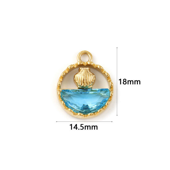 Immagine di 1 Pz Placcatura Sottovuoto PVD Ecologica 304 Acciaio Inossidabile & Vetro Gioielli Oceanici Ciondoli 18K Vero Oro Placcato Blu Tondo Conchiglia Filigrana 18mm x 14.5mm