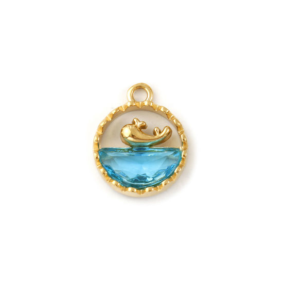 Immagine di 1 Pz Placcatura Sottovuoto PVD Ecologica 304 Acciaio Inossidabile & Vetro Gioielli Oceanici Ciondoli 18K Vero Oro Placcato Blu Tondo Balena Filigrana 18mm x 14.5mm