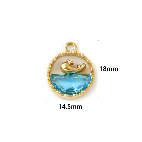 Immagine di 1 Pz Placcatura Sottovuoto PVD Ecologica 304 Acciaio Inossidabile & Vetro Gioielli Oceanici Ciondoli 18K Vero Oro Placcato Blu Tondo Balena Filigrana 18mm x 14.5mm