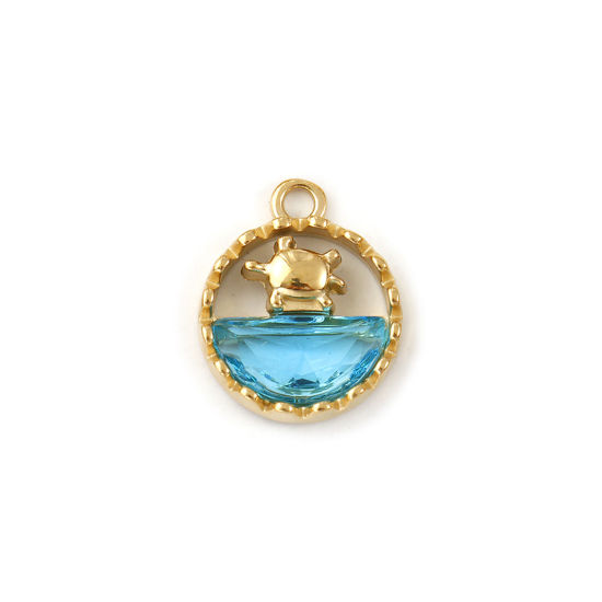 Immagine di 1 Pz Placcatura Sottovuoto PVD Ecologica 304 Acciaio Inossidabile & Vetro Gioielli Oceanici Ciondoli 18K Vero Oro Placcato Blu Tondo Tartaruga Filigrana 18mm x 14.5mm