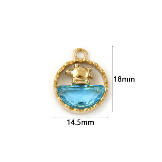 Immagine di 1 Pz Placcatura Sottovuoto PVD Ecologica 304 Acciaio Inossidabile & Vetro Gioielli Oceanici Ciondoli 18K Vero Oro Placcato Blu Tondo Tartaruga Filigrana 18mm x 14.5mm