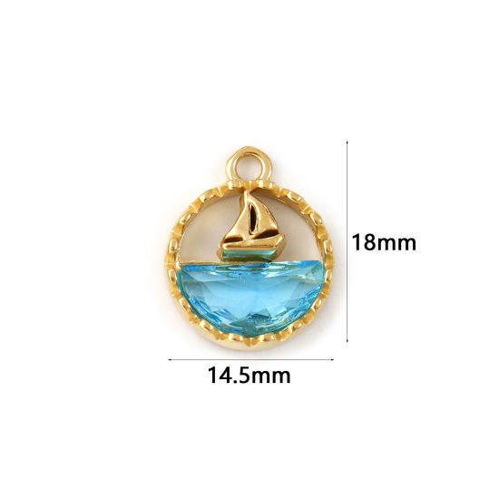 Immagine di 1 Pz Placcatura Sottovuoto PVD Ecologica 304 Acciaio Inossidabile & Vetro Gioielli Oceanici Ciondoli 18K Vero Oro Placcato Blu Tondo Barca a Vela Filigrana 18mm x 14.5mm