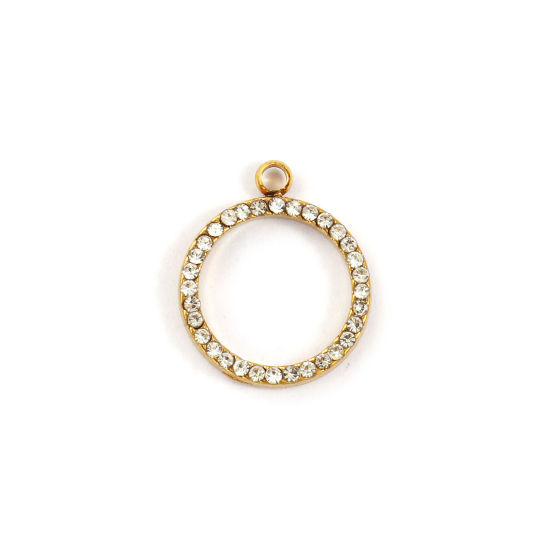 Изображение 2 ШТ Экологичное вакуумное PVD-покрытие 304 Нержавеющая Сталь Геометрический Подвески 18K позолоченный Круглые ажурная резьба Прозрачный Искусственный Циркон 18мм x 15мм