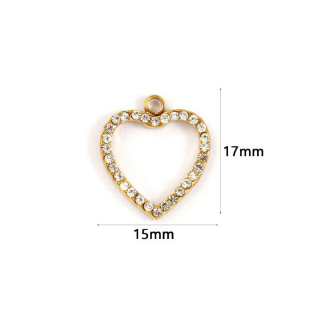Picture of 2 PCs Eco-friendly PVD Vacuum Plating 304 Stainless Steel Valentine's Day Charms 18K Gold Plated Heart Hollow Clear Cubic Zirconia 17mm x 15mm