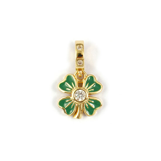 Immagine di 2 PCs Eco-friendly Brass European Style Dangle Charm Beads For Bracelet Necklace Jewelry Making 18K Real Gold Plated Green Enamel Four Leaf Clover Micro Pave Clear Cubic Zirconia 21mm x 11.5mm