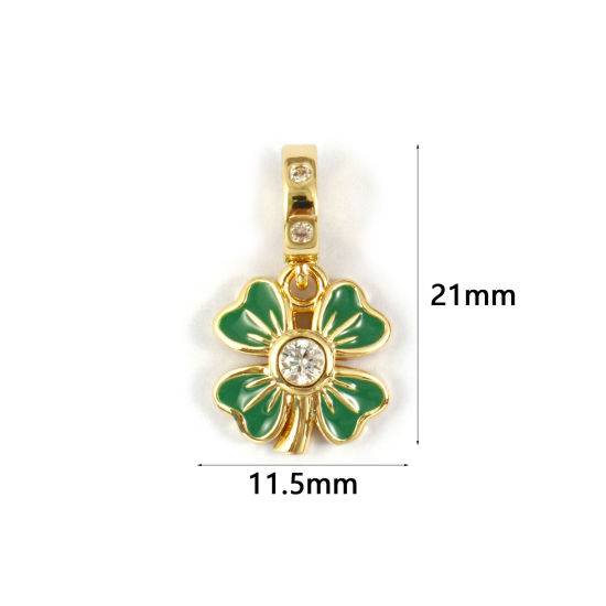 Immagine di 2 PCs Eco-friendly Brass European Style Dangle Charm Beads For Bracelet Necklace Jewelry Making 18K Real Gold Plated Green Enamel Four Leaf Clover Micro Pave Clear Cubic Zirconia 21mm x 11.5mm