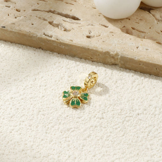 Immagine di 2 PCs Eco-friendly Brass European Style Dangle Charm Beads For Bracelet Necklace Jewelry Making 18K Real Gold Plated Green Enamel Four Leaf Clover Micro Pave Clear Cubic Zirconia 21mm x 11.5mm