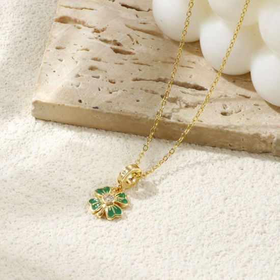 Immagine di 2 PCs Eco-friendly Brass European Style Dangle Charm Beads For Bracelet Necklace Jewelry Making 18K Real Gold Plated Green Enamel Four Leaf Clover Micro Pave Clear Cubic Zirconia 21mm x 11.5mm