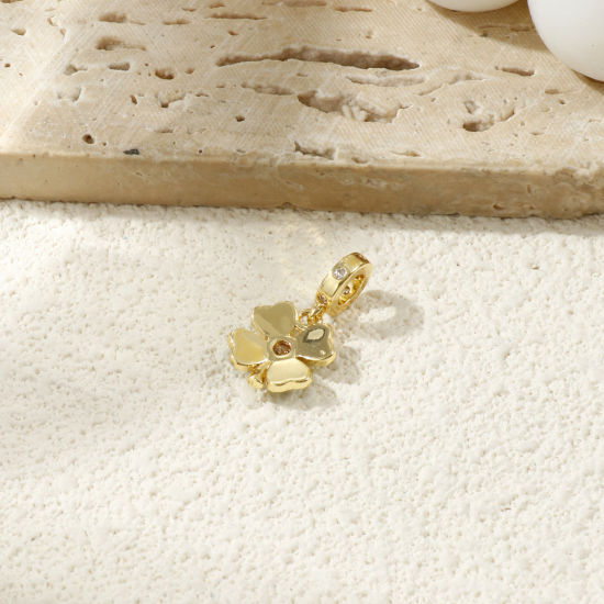 Immagine di 2 PCs Eco-friendly Brass European Style Dangle Charm Beads For Bracelet Necklace Jewelry Making 18K Real Gold Plated Green Enamel Four Leaf Clover Micro Pave Clear Cubic Zirconia 21mm x 11.5mm