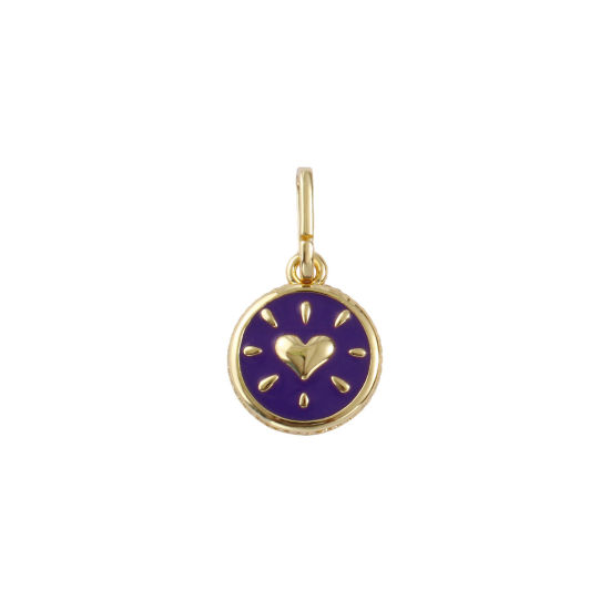 Immagine di 2 PCs Eco-friendly Brass Valentine's Day Charms 18K Real Gold Plated Purple Enamel Round Heart 20mm x 11mm