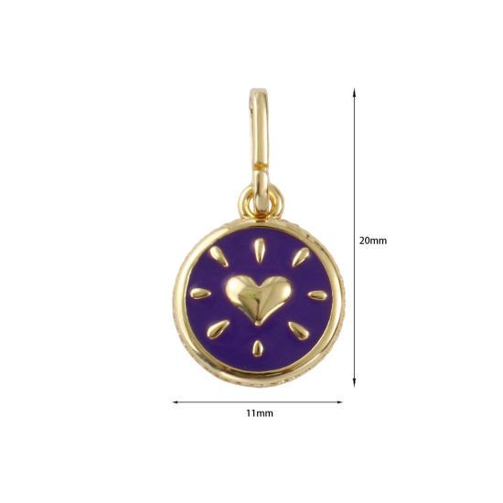 Immagine di 2 PCs Eco-friendly Brass Valentine's Day Charms 18K Real Gold Plated Purple Enamel Round Heart 20mm x 11mm