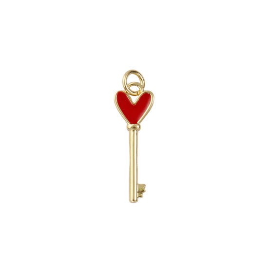 Immagine di 2 PCs Eco-friendly Brass Valentine's Day Charms 18K Real Gold Plated Red Enamel Key Heart 26mm x 8mm