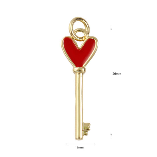 Immagine di 2 PCs Eco-friendly Brass Valentine's Day Charms 18K Real Gold Plated Red Enamel Key Heart 26mm x 8mm