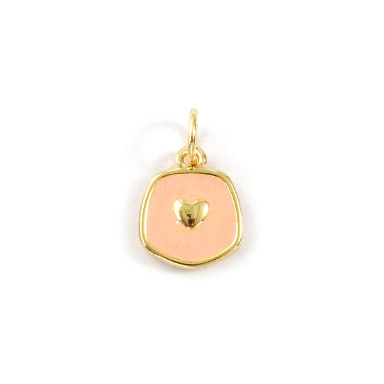 5 PCs Eco-friendly Brass Valentine's Day Charms 18K Real Gold Plated Pink Enamel Pentagon Heart 15mm x 9mm の画像