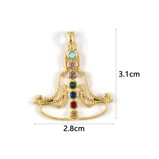 Immagine di 2 PCs Eco-friendly Brass Religious Pendants 18K Real Gold Plated Human Yoga Healing Micro Pave Multicolour Cubic Zirconia 3.1cm x 2.8cm