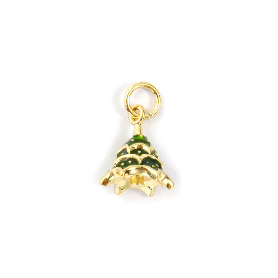 Bild von 2 PCs Eco-friendly Brass Charms 18K Real Gold Plated Green Enamel Christmas Tree 3D 14mm x 10mm