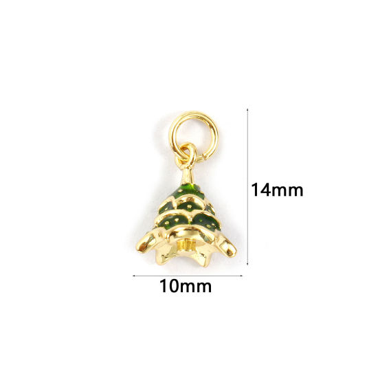 Bild von 2 PCs Eco-friendly Brass Charms 18K Real Gold Plated Green Enamel Christmas Tree 3D 14mm x 10mm