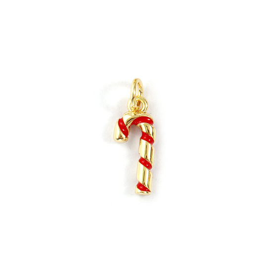 Bild von 2 PCs Eco-friendly Brass Charms 18K Real Gold Plated Red Enamel Christmas Candy Cane 3D 18mm x 6mm