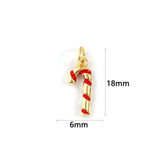 Bild von 2 PCs Eco-friendly Brass Charms 18K Real Gold Plated Red Enamel Christmas Candy Cane 3D 18mm x 6mm
