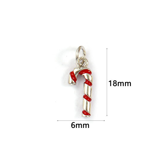 Bild von 2 PCs Eco-friendly Brass Charms Real Platinum Plated Red Enamel Christmas Candy Cane 3D 18mm x 6mm