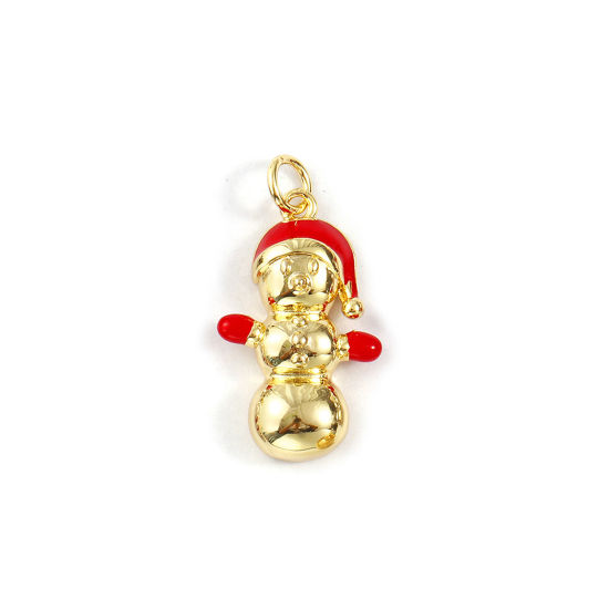 Bild von 2 PCs Eco-friendly Brass Charms 18K Real Gold Plated Red Enamel Christmas Snowman 25mm x 13mm