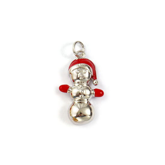 Bild von 2 PCs Eco-friendly Brass Charms Real Platinum Plated Red Enamel Christmas Snowman 25mm x 13mm