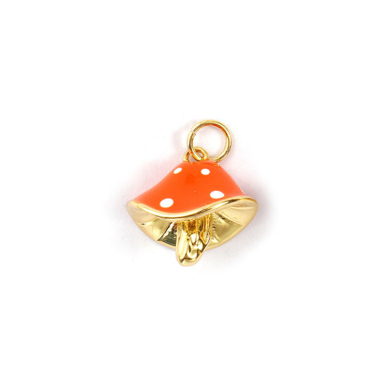 Immagine di 2 PCs Eco-friendly Brass Charms 18K Real Gold Plated Orange Enamel Mushroom Spot 3D 18mm x 14.5mm