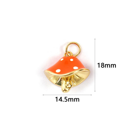 Immagine di 2 PCs Eco-friendly Brass Charms 18K Real Gold Plated Orange Enamel Mushroom Spot 3D 18mm x 14.5mm