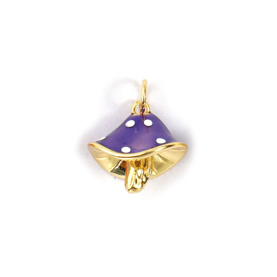 Immagine di 2 PCs Eco-friendly Brass Charms 18K Real Gold Plated Purple Enamel Mushroom Spot 3D 18mm x 14.5mm