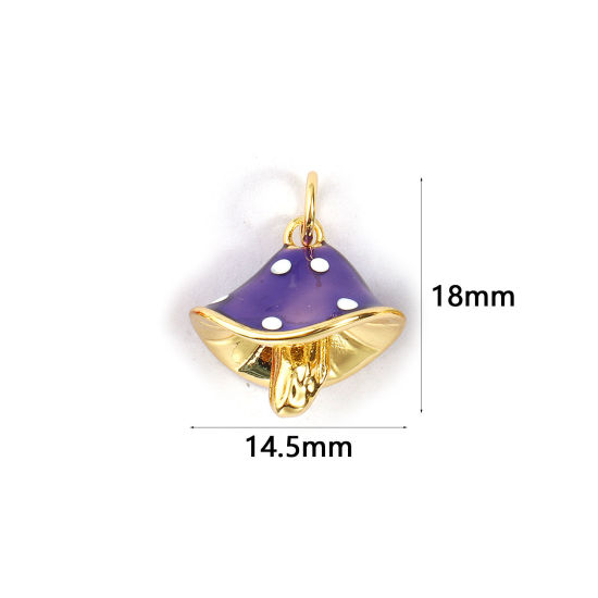Immagine di 2 PCs Eco-friendly Brass Charms 18K Real Gold Plated Purple Enamel Mushroom Spot 3D 18mm x 14.5mm