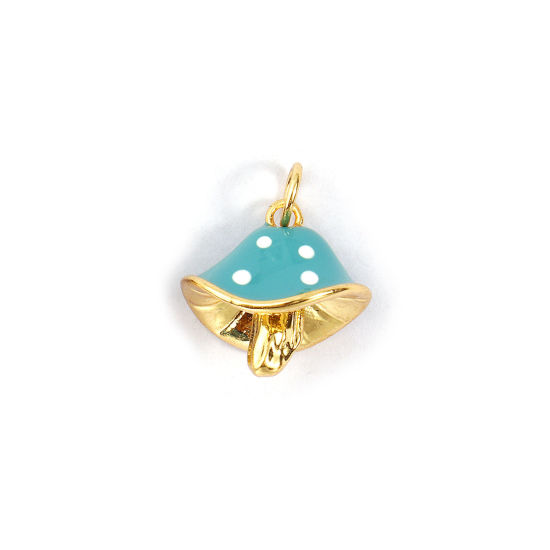 Immagine di 2 PCs Eco-friendly Brass Charms 18K Real Gold Plated Lake Blue Enamel Mushroom Spot 3D 18mm x 14.5mm