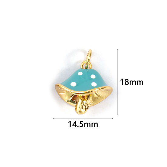 Immagine di 2 PCs Eco-friendly Brass Charms 18K Real Gold Plated Lake Blue Enamel Mushroom Spot 3D 18mm x 14.5mm