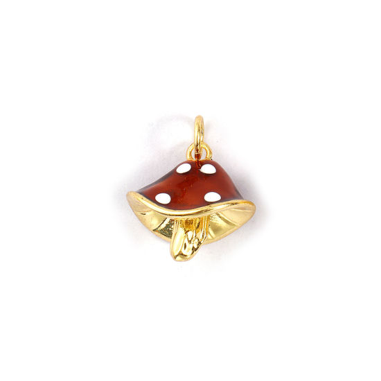Immagine di 2 PCs Eco-friendly Brass Charms 18K Real Gold Plated Coffee Enamel Mushroom Spot 3D 18mm x 14.5mm