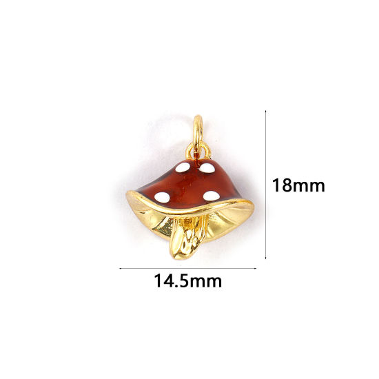 Immagine di 2 PCs Eco-friendly Brass Charms 18K Real Gold Plated Coffee Enamel Mushroom Spot 3D 18mm x 14.5mm