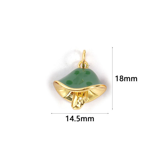 Immagine di 2 PCs Eco-friendly Brass Charms 18K Real Gold Plated Dark Green Enamel Mushroom Spot 3D 18mm x 14.5mm
