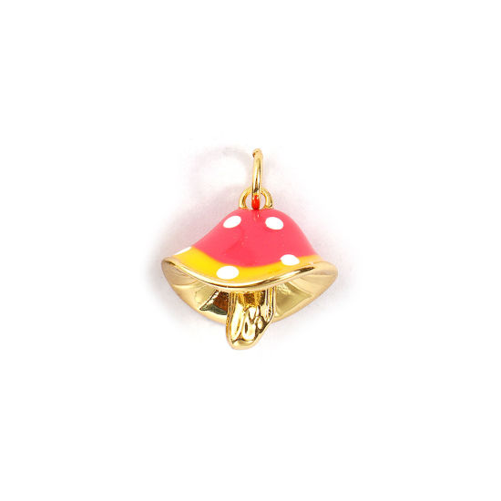 Immagine di 2 PCs Eco-friendly Brass Charms 18K Real Gold Plated Pink Enamel Mushroom Spot 3D 18mm x 14.5mm